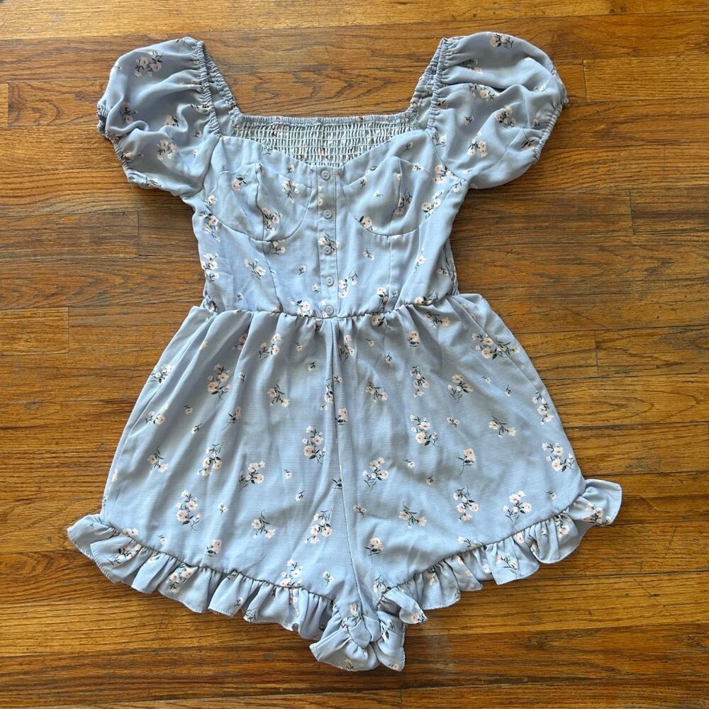 Blue Floral Ruffle Hem Puff Sleeve Smocked Romper Cottagecore Coquette - Medium